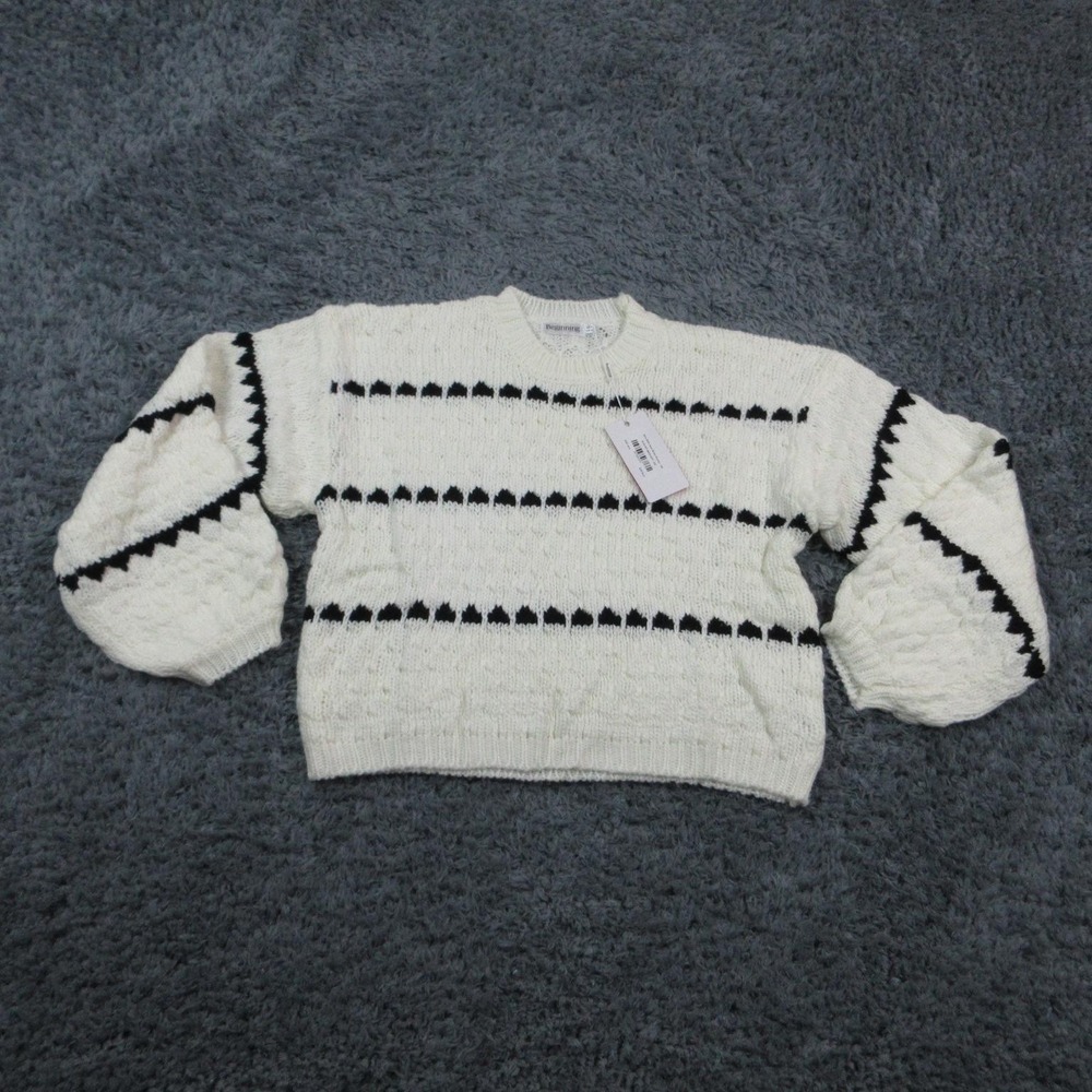 Beginning Boutique Sweater Womens 4 White Holly Heart Stripe Chunky Knit NWT